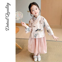 Girls' Cartoon Bird Print New Chinese Style Pink Set