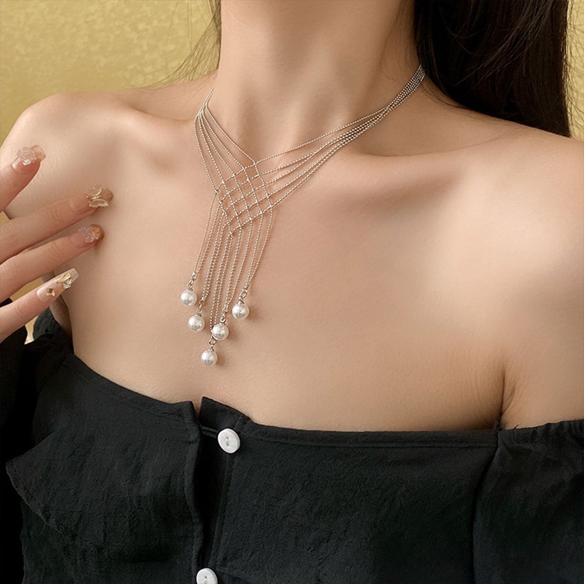 Hollow Imitation Pearl Fringe Multi Layer Necklace Fashion Jewellery Women