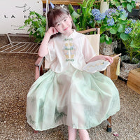 Girls' White and Green Hanfu Clothing Two-Piece Set