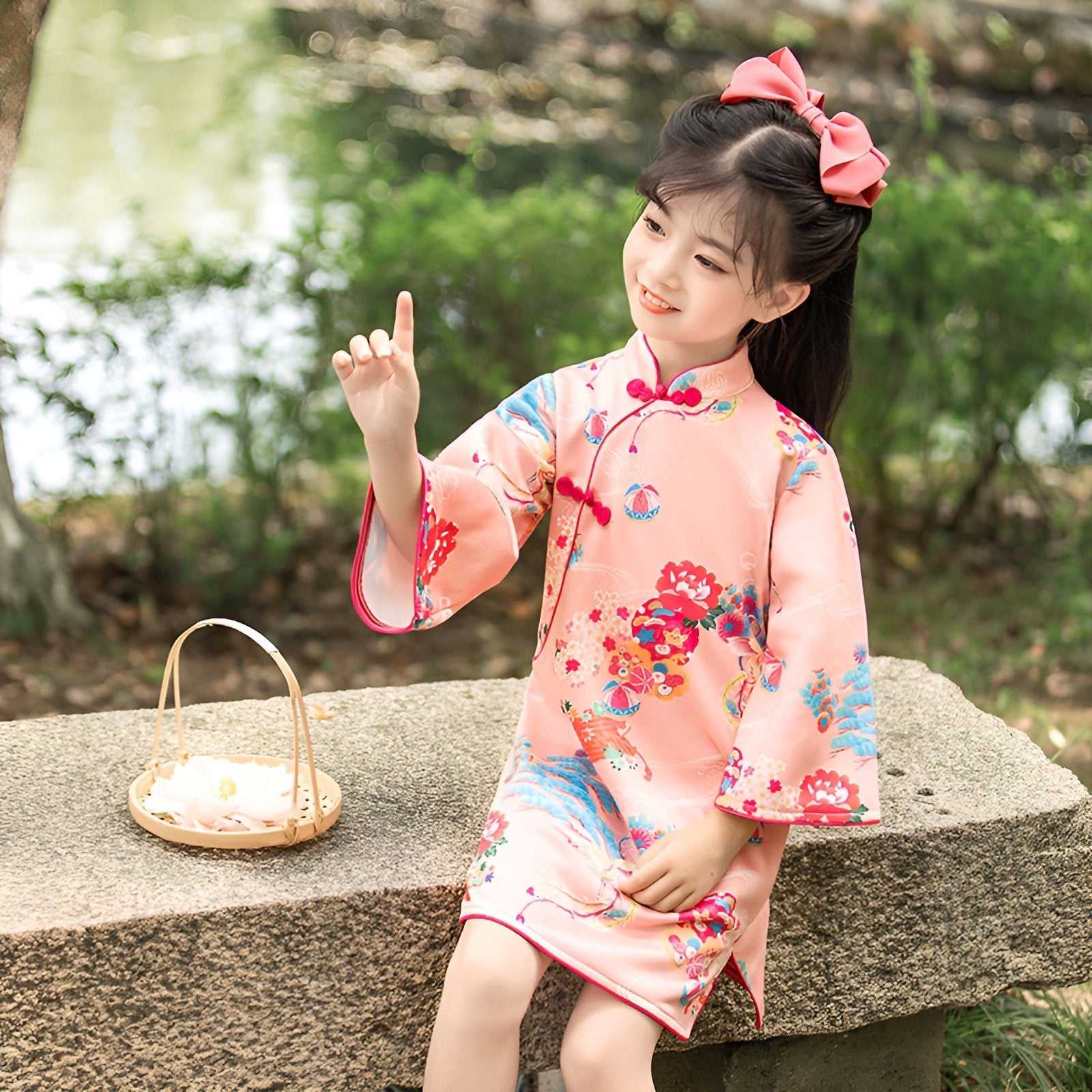 Girls' Long Sleeve Pink Floral Velvet Qipao