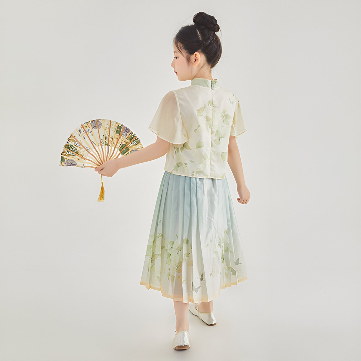 Green Floral Girls Short Skirt Hanfu Two Piece Set