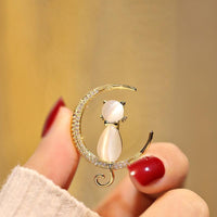 Elegant Crescent Moon Cat Brooch