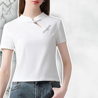 Chinese Style Stand Up Collar Disc Button Blouse Short Sleeve Women Fashion