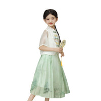 Girls' White and Green Hanfu Clothing Two-Piece Set