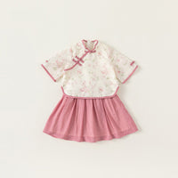 Girls' New Chinese Style Pink Floral Two-Piece Set