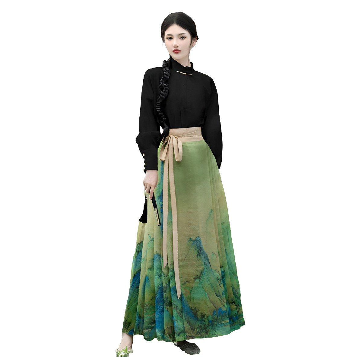 Women's Jiangshan Scenic Print Horsehair Skirt Set