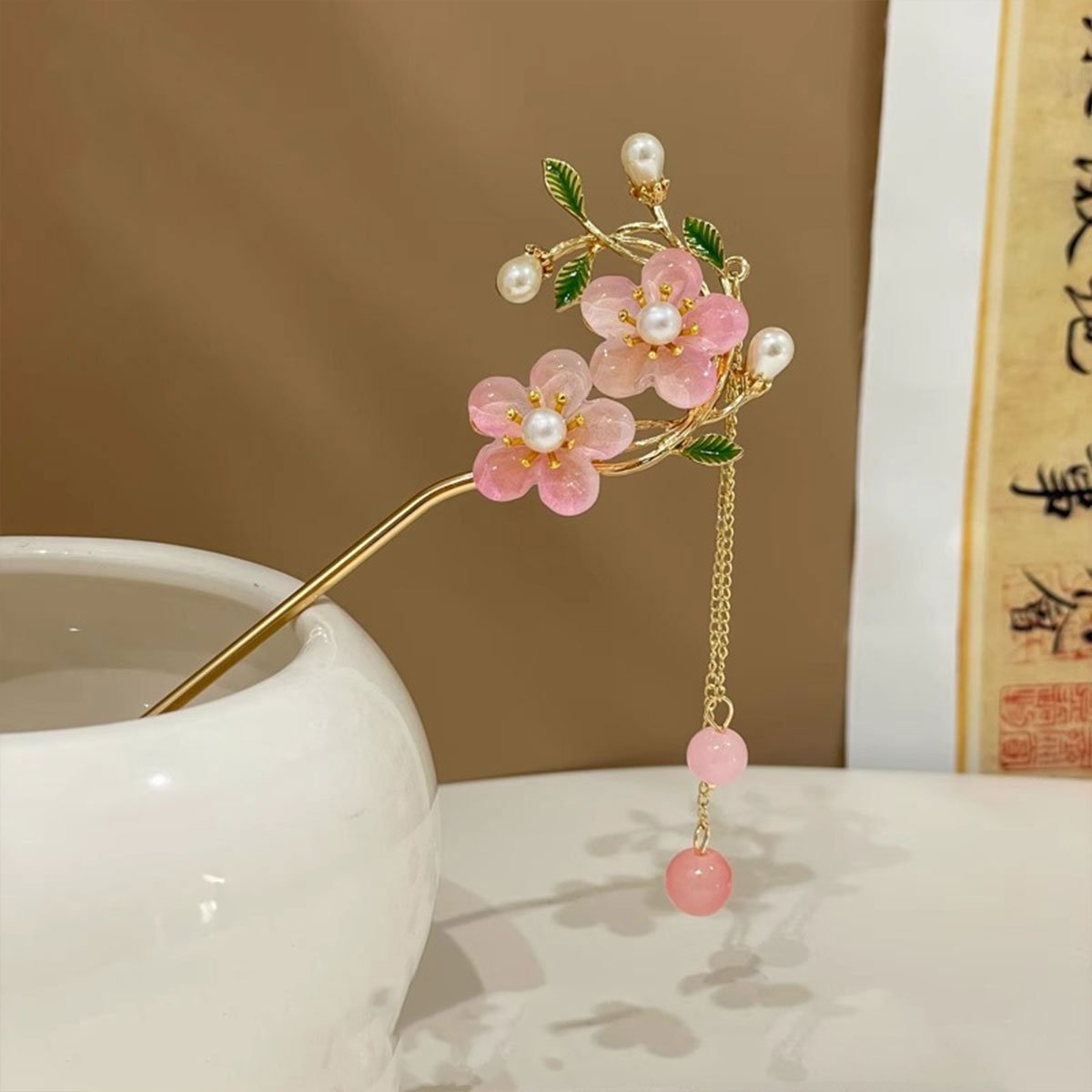 Chinese Style Pink Double Flower Fringe Hairpin Hanfu Headdress for Women