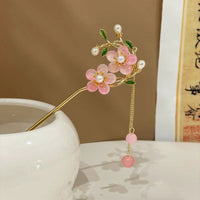 Chinese Style Pink Double Flower Fringe Hairpin Hanfu Headdress for Women