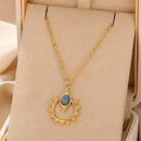 Natural Blue Stone Pendant Necklace Vintage Carved Geometric Jewelry Gift