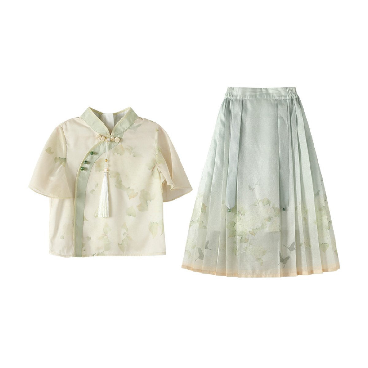 Green Floral Girls Short Skirt Hanfu Two Piece Set