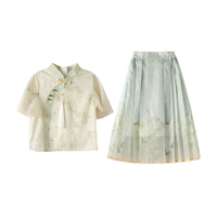 Green Floral Girls Short Skirt Hanfu Two Piece Set