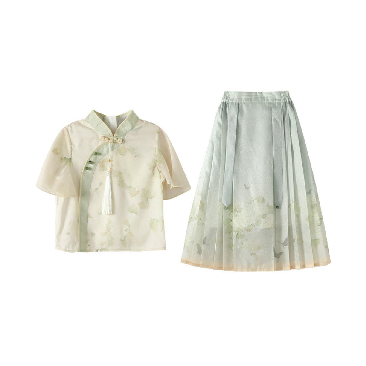 Green Floral Girls Short Skirt Hanfu Two Piece Set