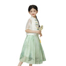 Girls' White and Green Hanfu Clothing Two-Piece Set