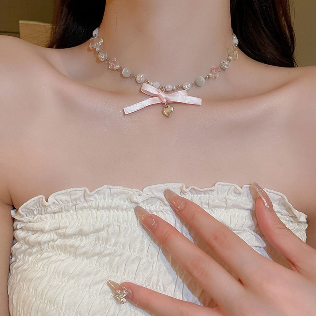 Elegant Women Ballet Necklace Luxury Star Clavicle Chain Transparent Pink