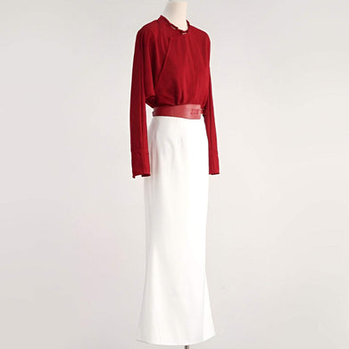 Red Blouse and White Skirt Modern Chinese Fashion Set for Wedding