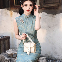 Sleeveless Blue Floral Cheongsam Dress