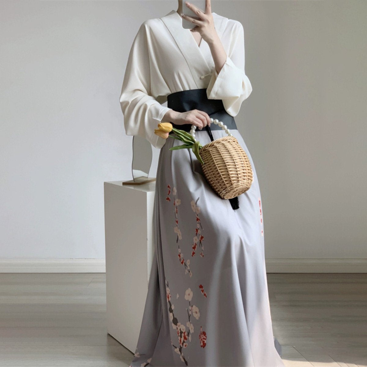 Women's White and Grey Chinese Style Dress Two-Piece Set