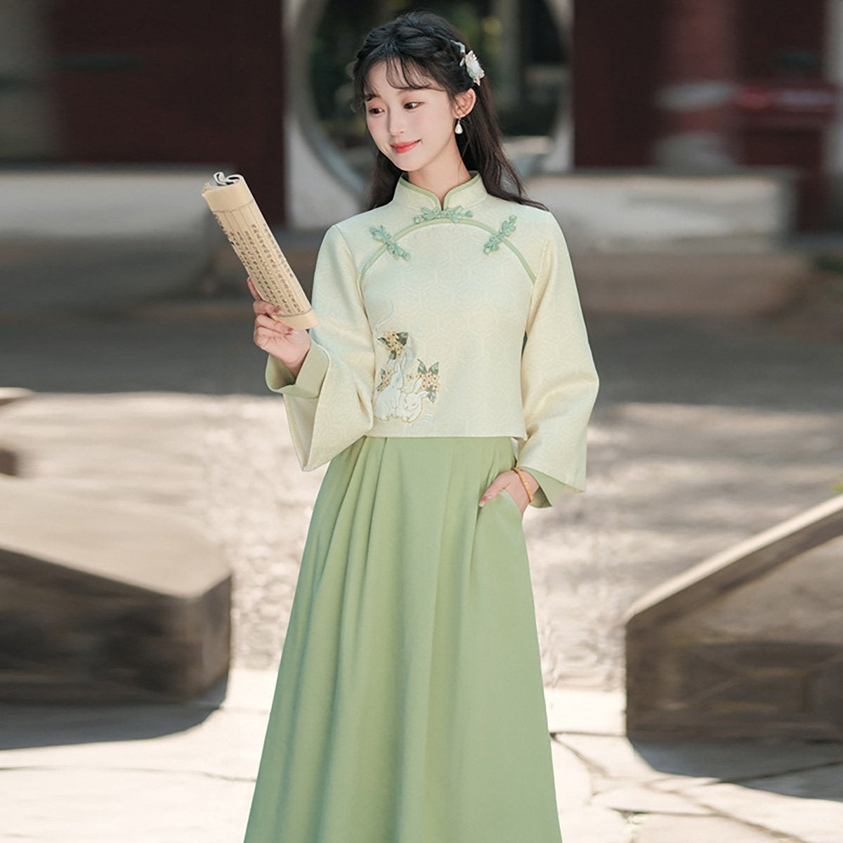 Women's Light Green and Beige Modern Hanfu Two-Piece Set