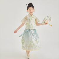 Green Floral Girls Short Skirt Hanfu Two Piece Set