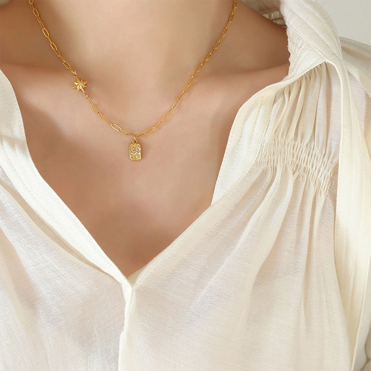 French Light Luxury Style Square Pendant Clavicle Chain Handmade Necklace Women