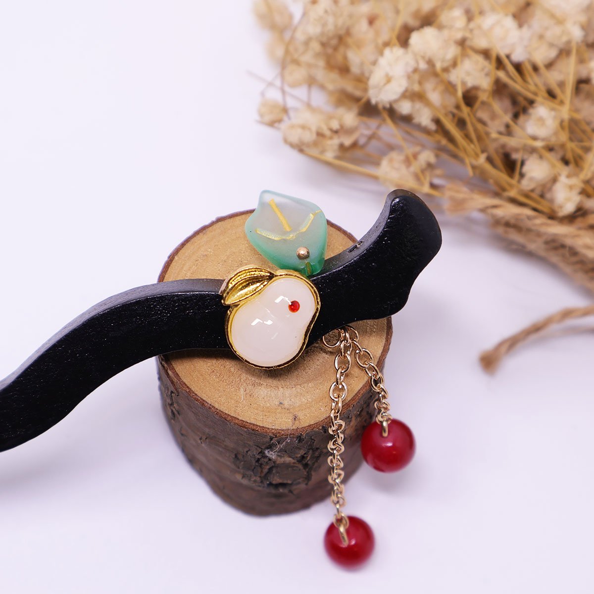 Chinese Style Wooden Hairpin Green Leaves Red Beads Hanfu Headdress