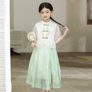 Girls' White and Green Hanfu Clothing Two-Piece Set