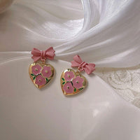 Lovely Pink Bow Heart Shaped Earrings Women Sweet Fashion Jewelry Gift