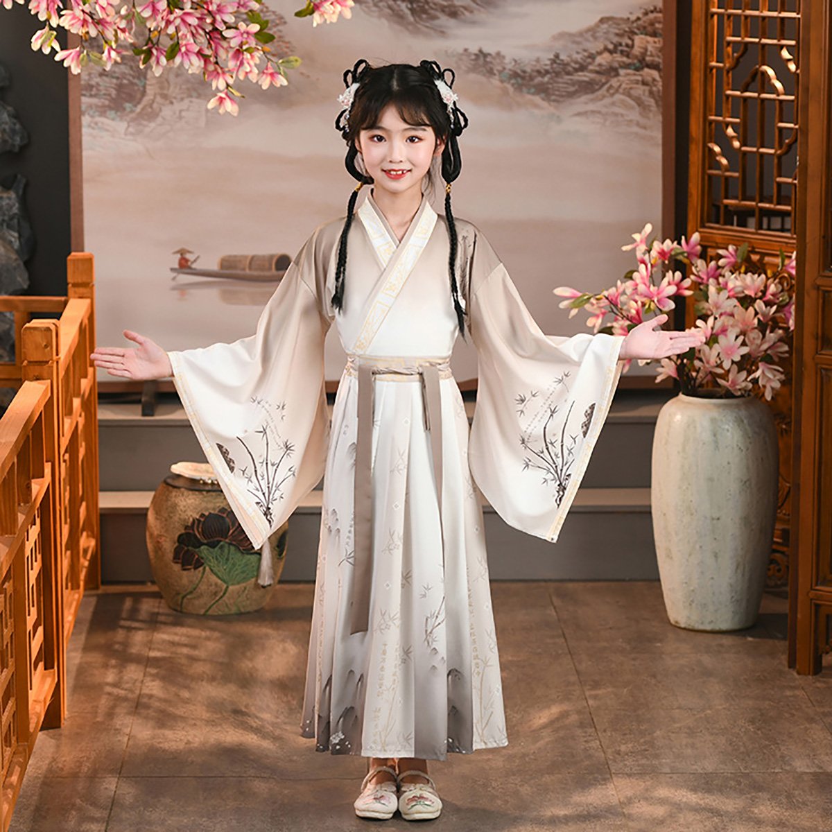 Girls' Ink-Printed Hanfu Dress