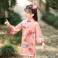 Girls' Long Sleeve Pink Floral Velvet Qipao