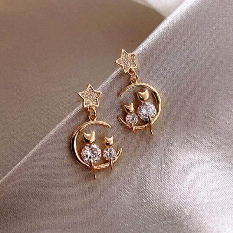 Gold Cat and Moon Drop Earrings