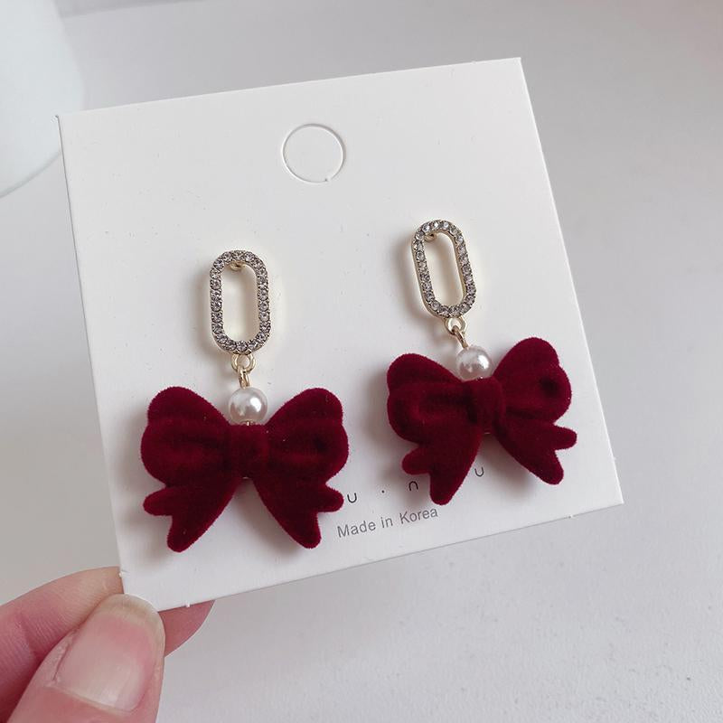 Red Velvet Bow Pearl Earrings