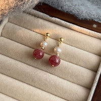 Elegant Strawberry Crystal Stud Earrings with Imitation Pearl Women Fashion