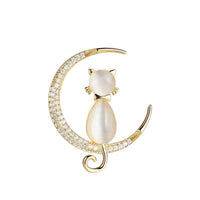 Elegant Crescent Moon Cat Brooch