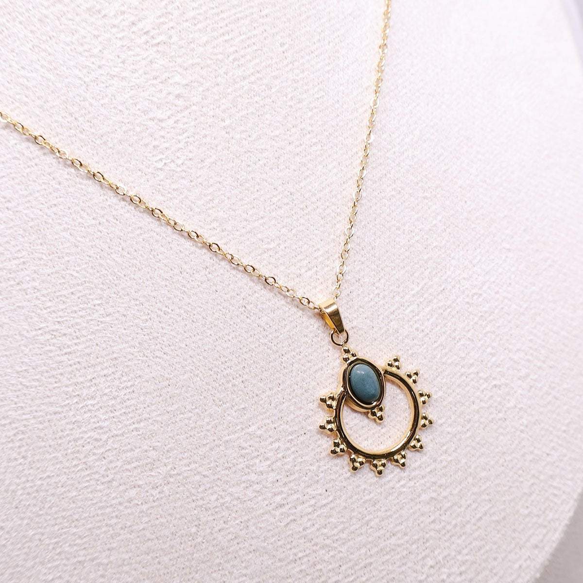 Natural Blue Stone Pendant Necklace Vintage Carved Geometric Jewelry Gift