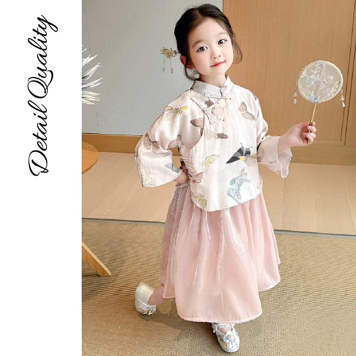 Girls' Cartoon Bird Print New Chinese Style Pink Set