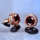 Red Garnet Diamond Halo Round Stud Earring Push Back Rose Gold Plated Women Gift