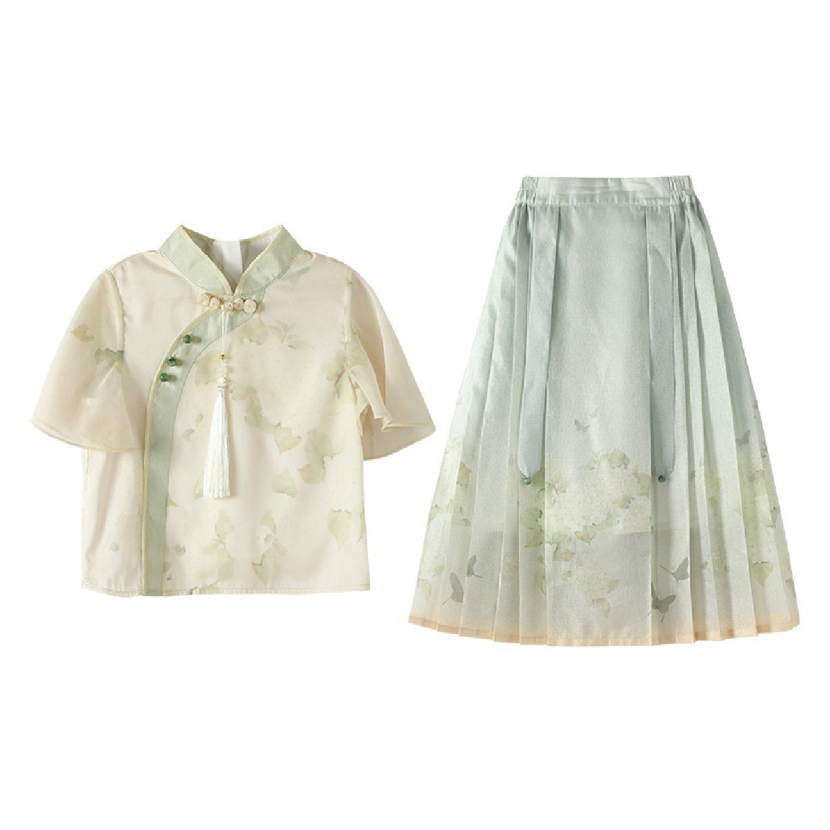 Green Floral Girls Short Skirt Hanfu Two Piece Set