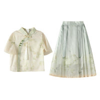 Green Floral Girls Short Skirt Hanfu Two Piece Set