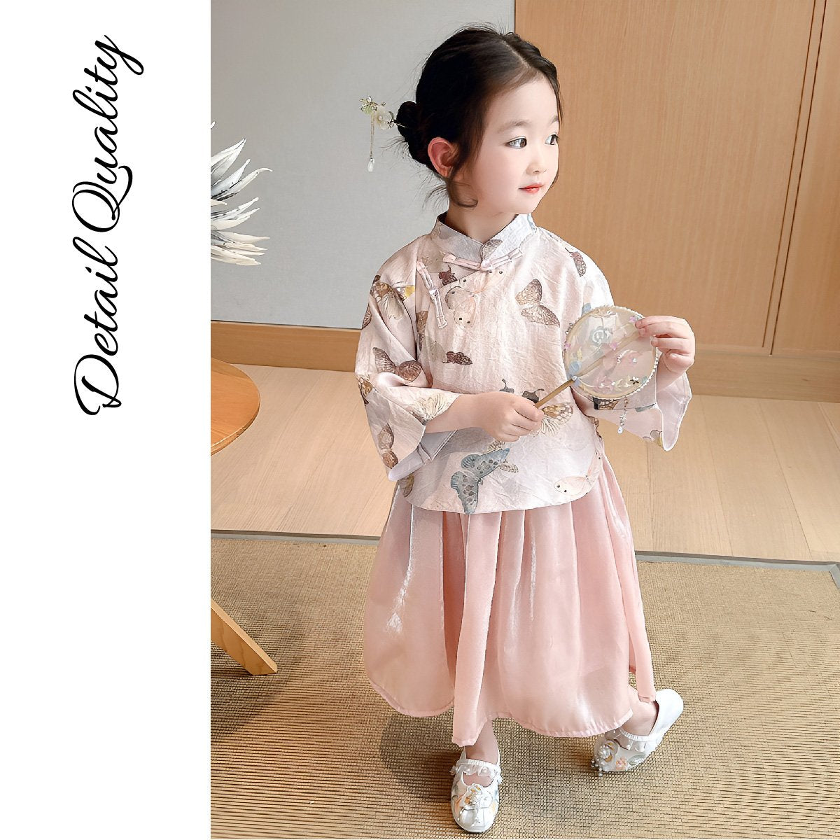 Girls' Cartoon Bird Print New Chinese Style Pink Set