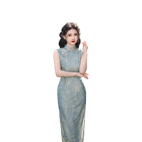 Sleeveless Blue Floral Cheongsam Dress