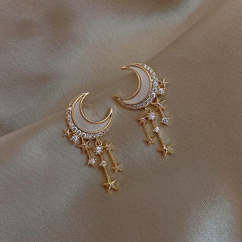 Gold and Crystals Moon and Star Earrings