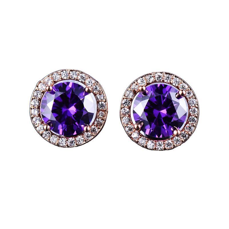 Red Garnet Diamond Halo Round Stud Earring Push Back Rose Gold Plated Women Gift