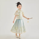 Green Floral Girls Short Skirt Hanfu Two Piece Set