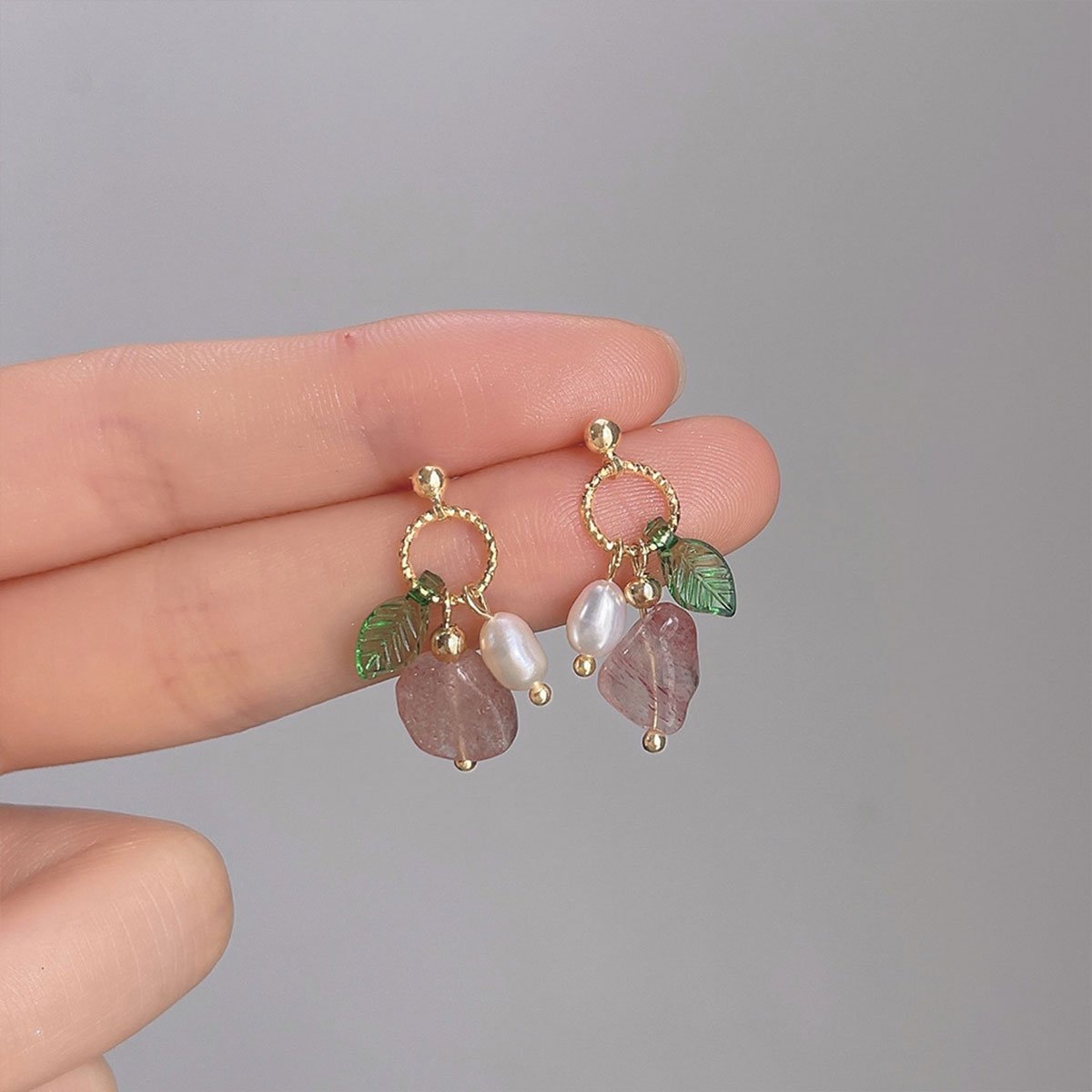 Unique Geometric Strawberry Crystal Green Leaf Earrings with Imitation Pearls