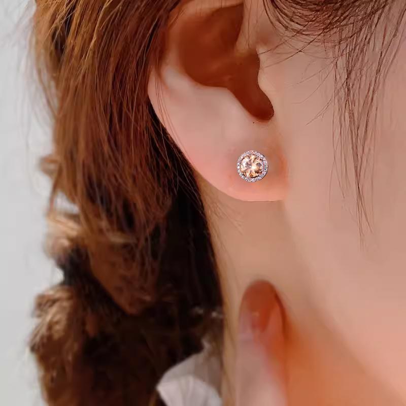 Red Garnet Diamond Halo Round Stud Earring Push Back Rose Gold Plated Women Gift