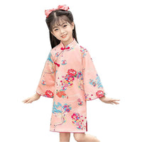 Girls' Long Sleeve Pink Floral Velvet Qipao