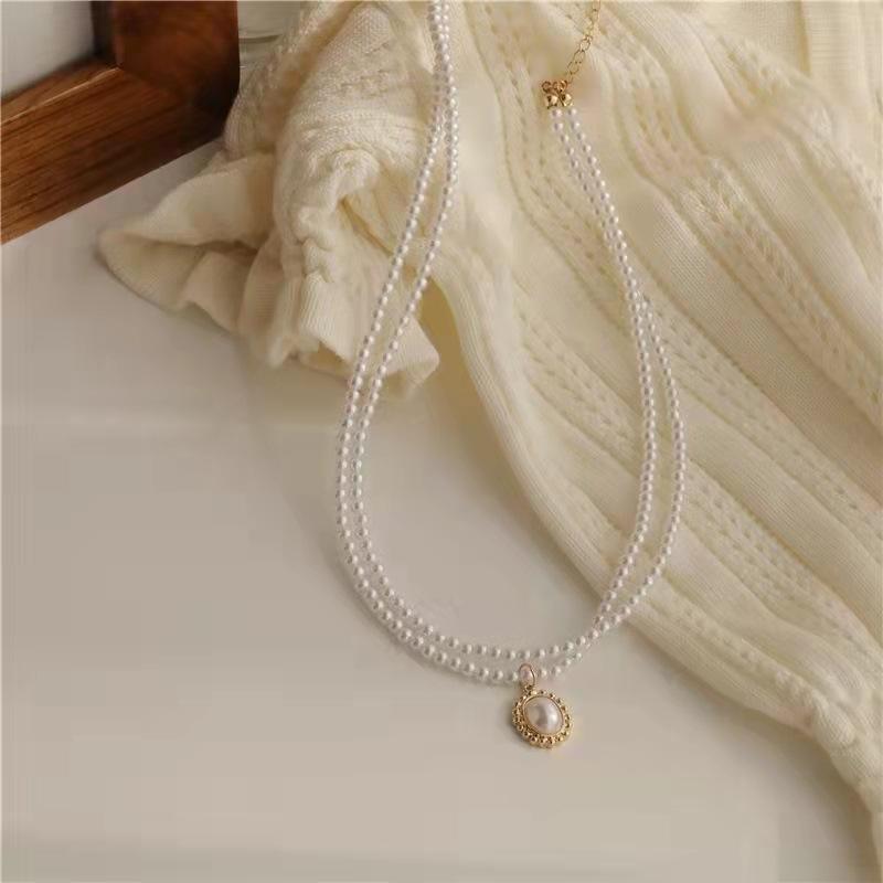 Retro Double Layer Women Necklace Pendant Necklace Clavicle Chain Pearl Choker