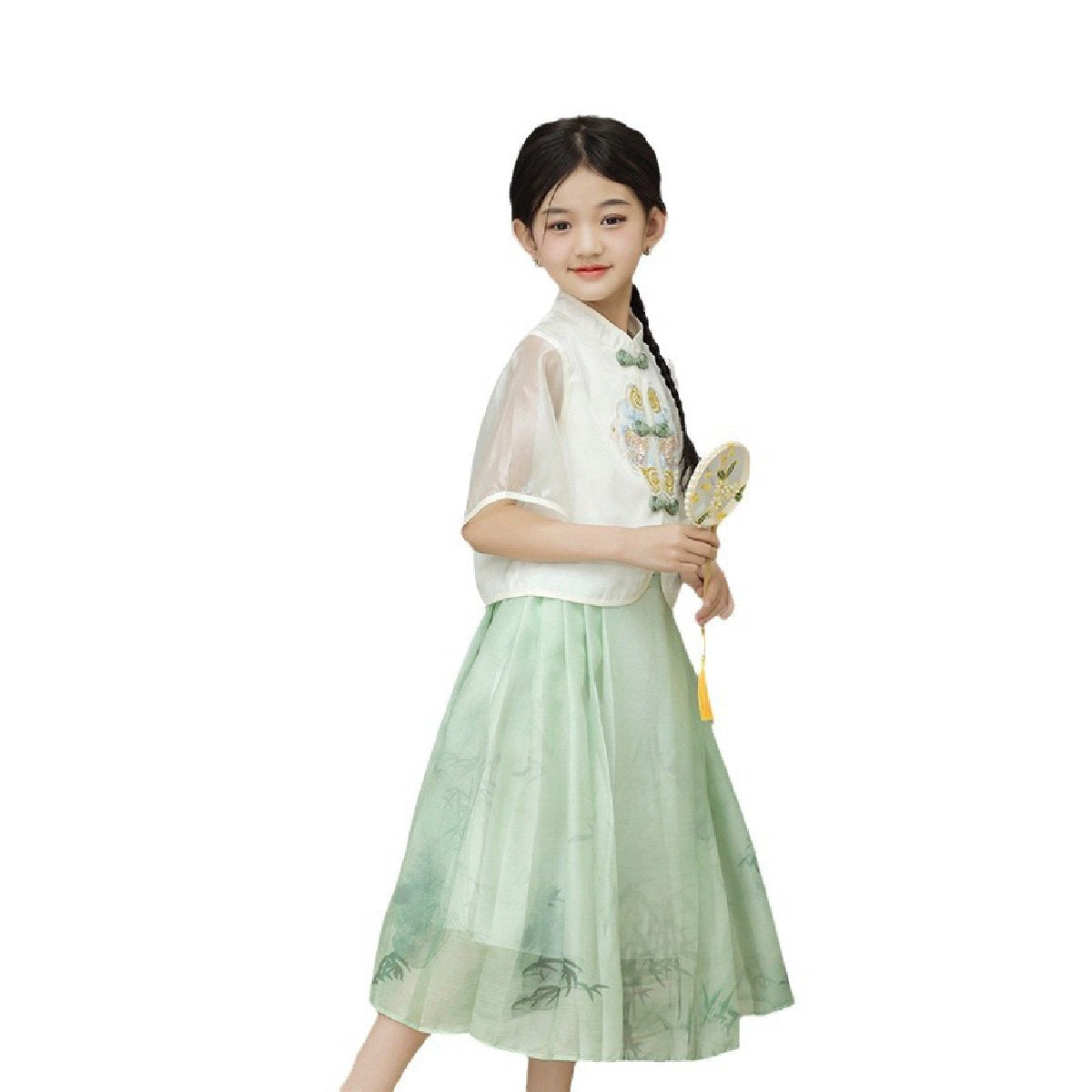 Girls' White and Green Hanfu Clothing Two-Piece Set