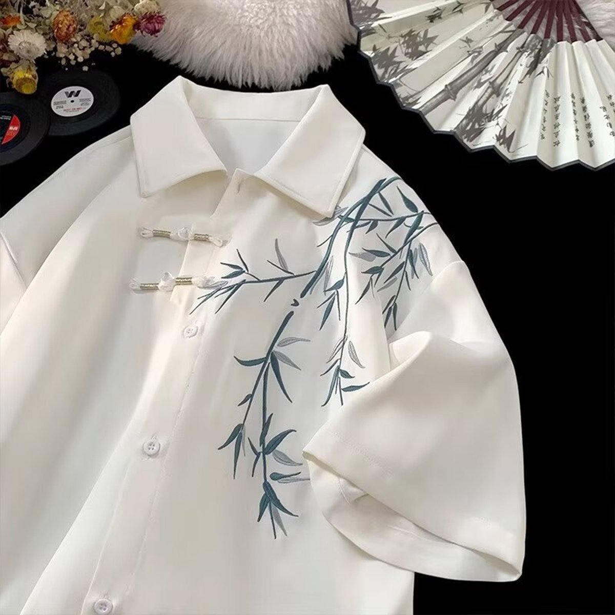 Chinese Bamboo Embroidery Shirt Mens Short Sleeve Spring Fashion Casual Top