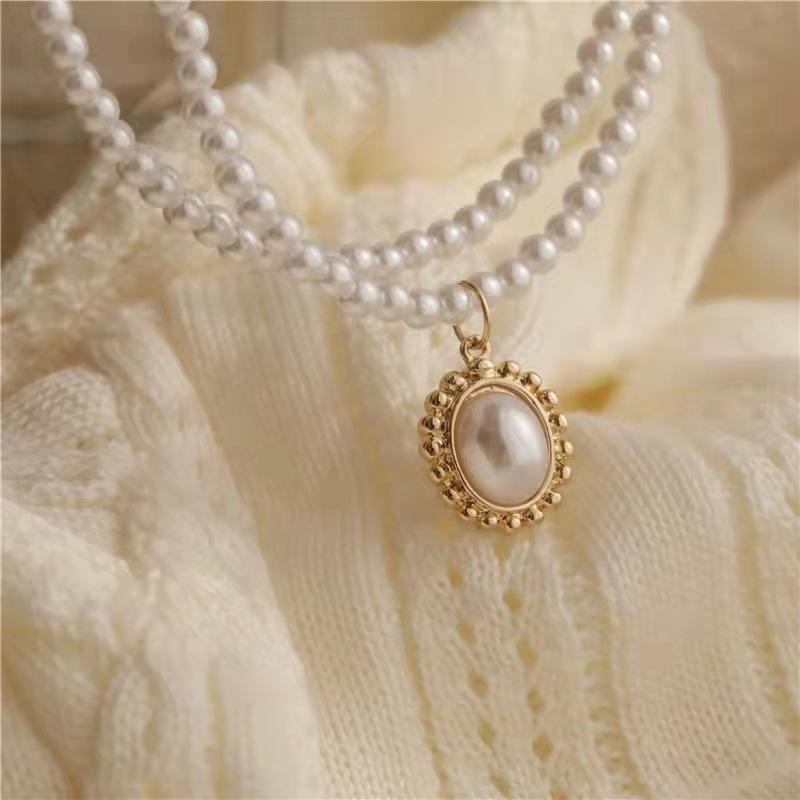 Retro Double Layer Women Necklace Pendant Necklace Clavicle Chain Pearl Choker